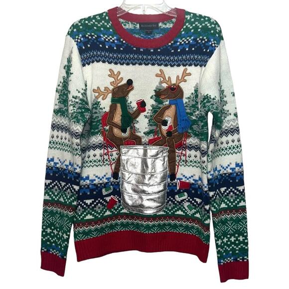 Unisex Blizzard Bay Ugly Christmas Sweater With Reindeers and Bottle Holder SM - Picture 1 of 10